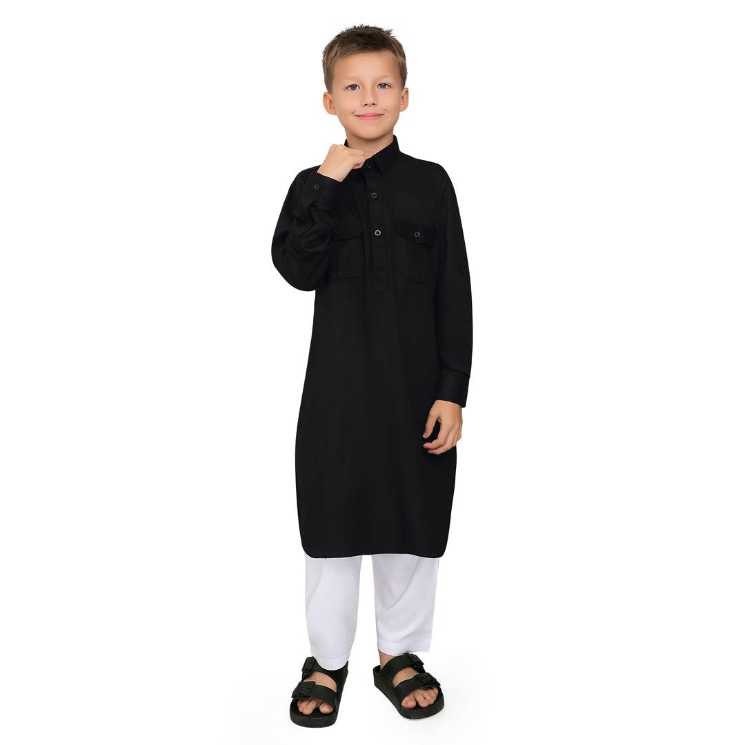 Oday Black Pathani Suit for Kids - Mashroo