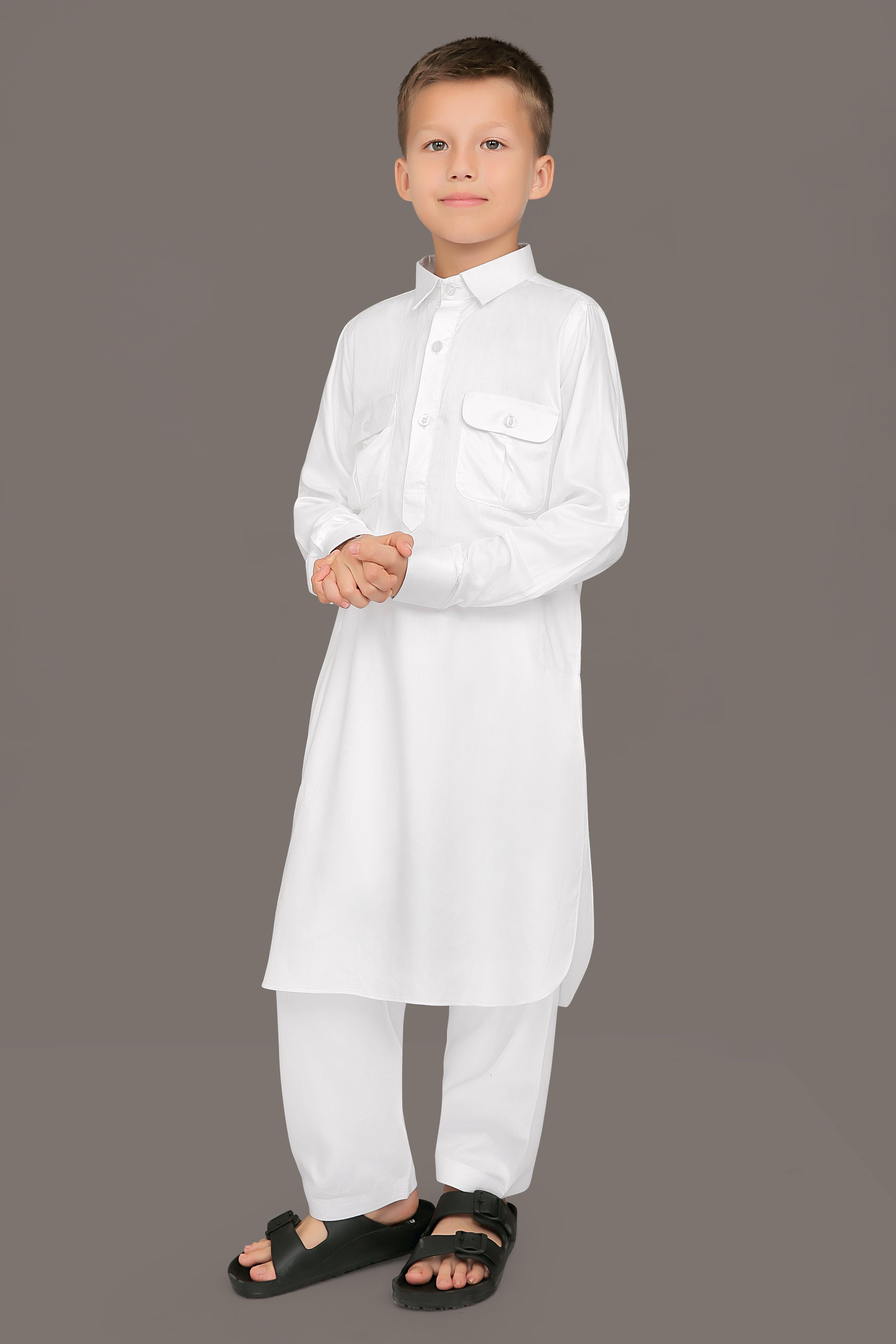 Oday White Pathani Suit for Kids - Mashroo