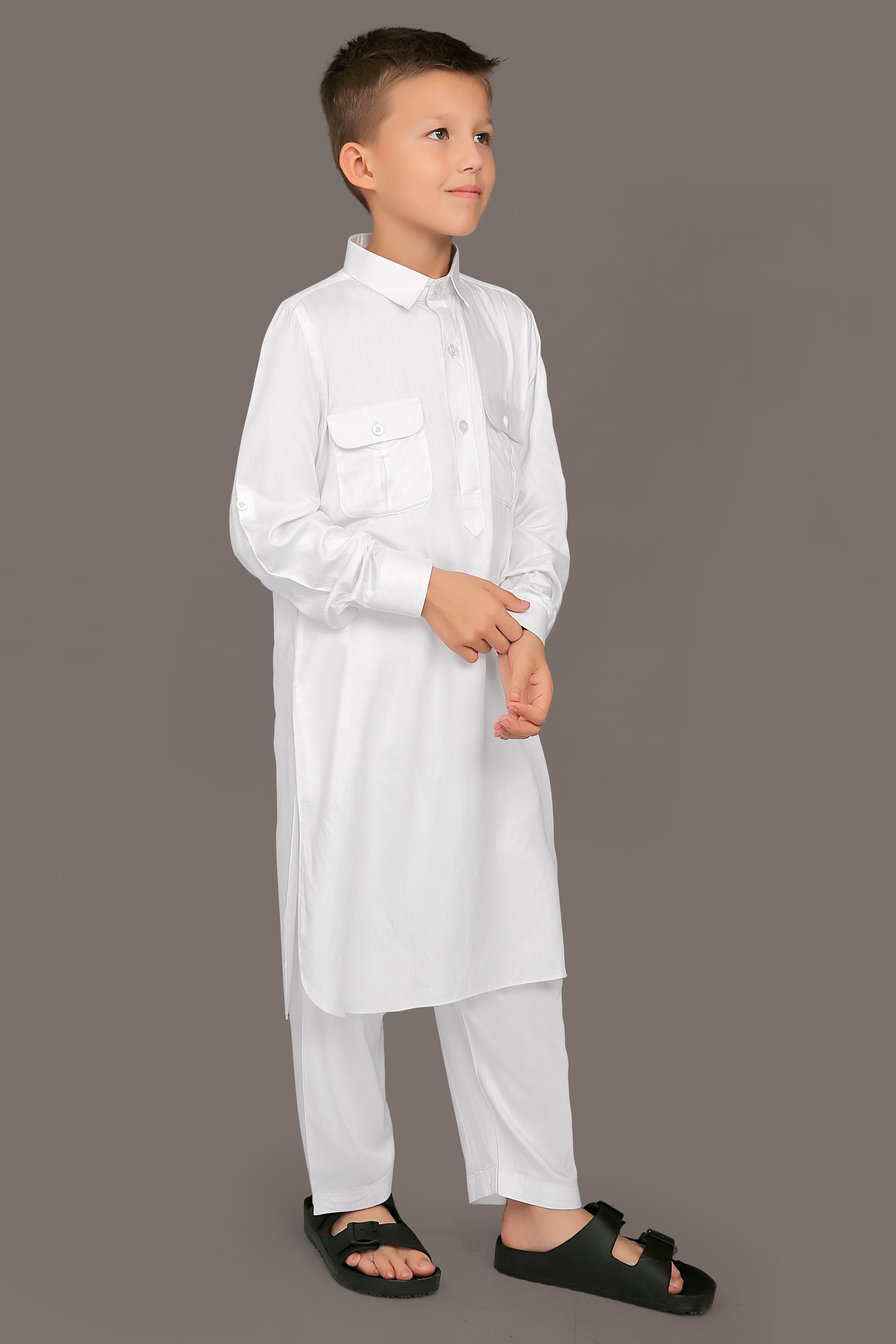Oday White Pathani Suit for Kids - Mashroo