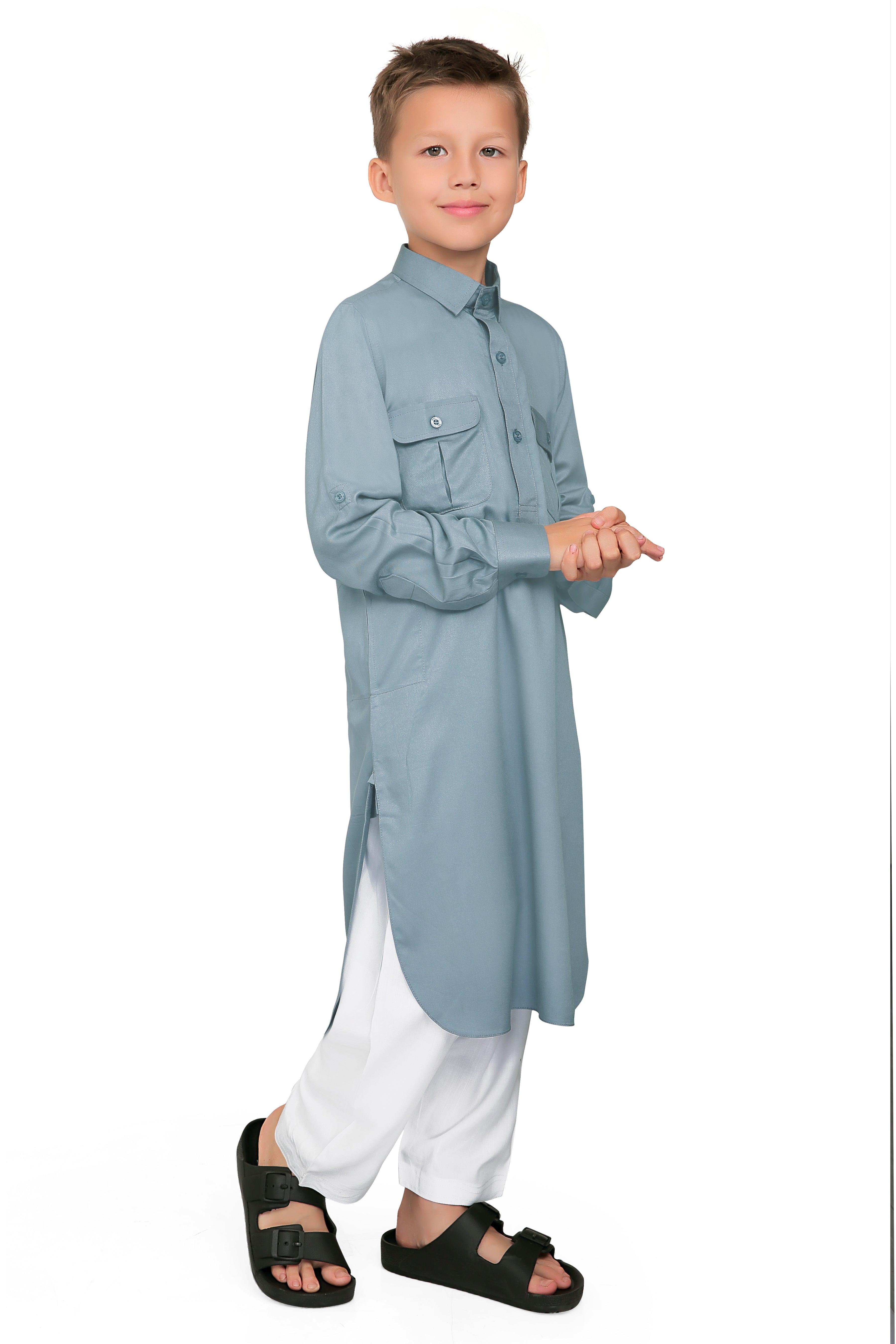 Oday Grey Pathani Suit for Kids - Mashroo