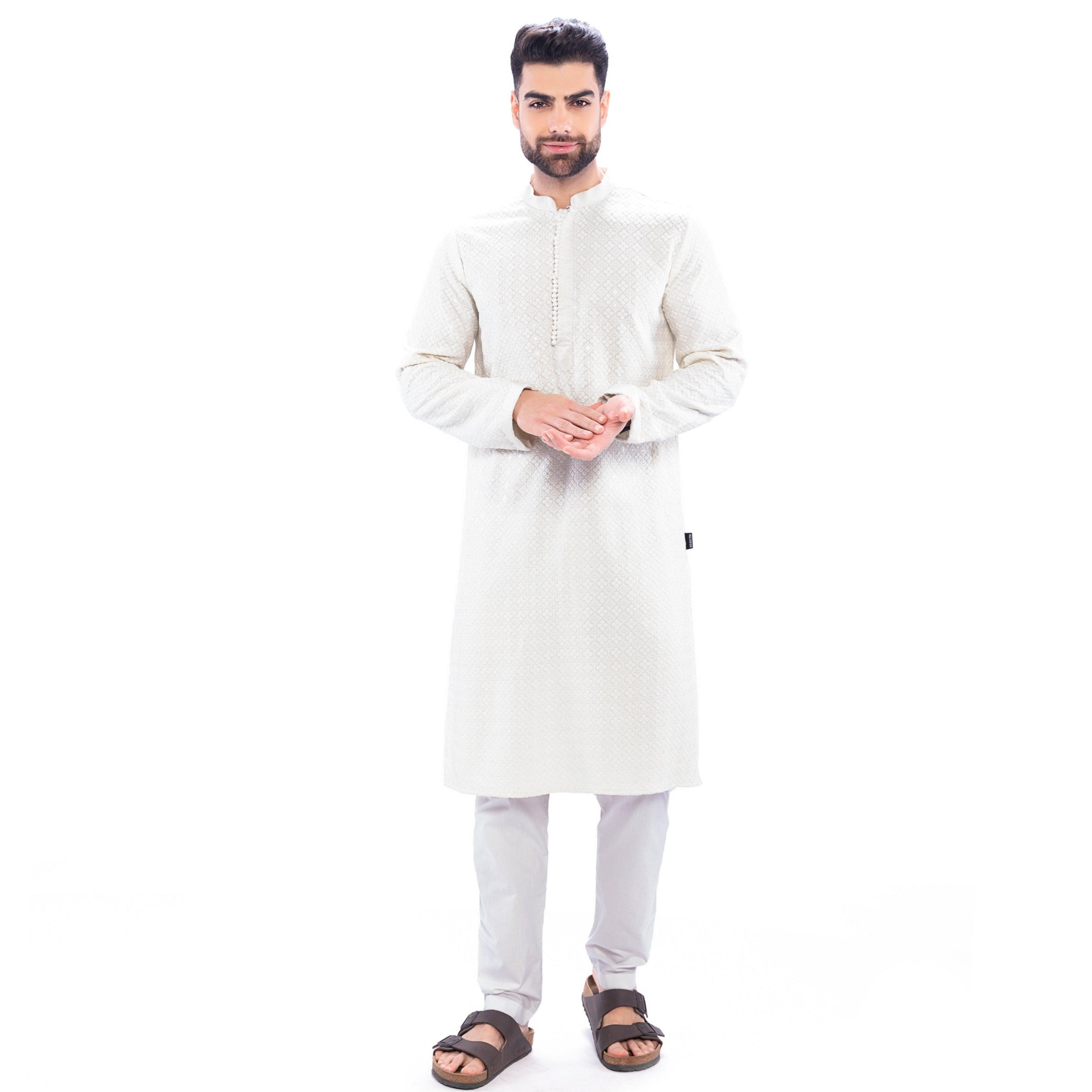 Haydos Chikan Kari Kurta Set White Men - Mashroo