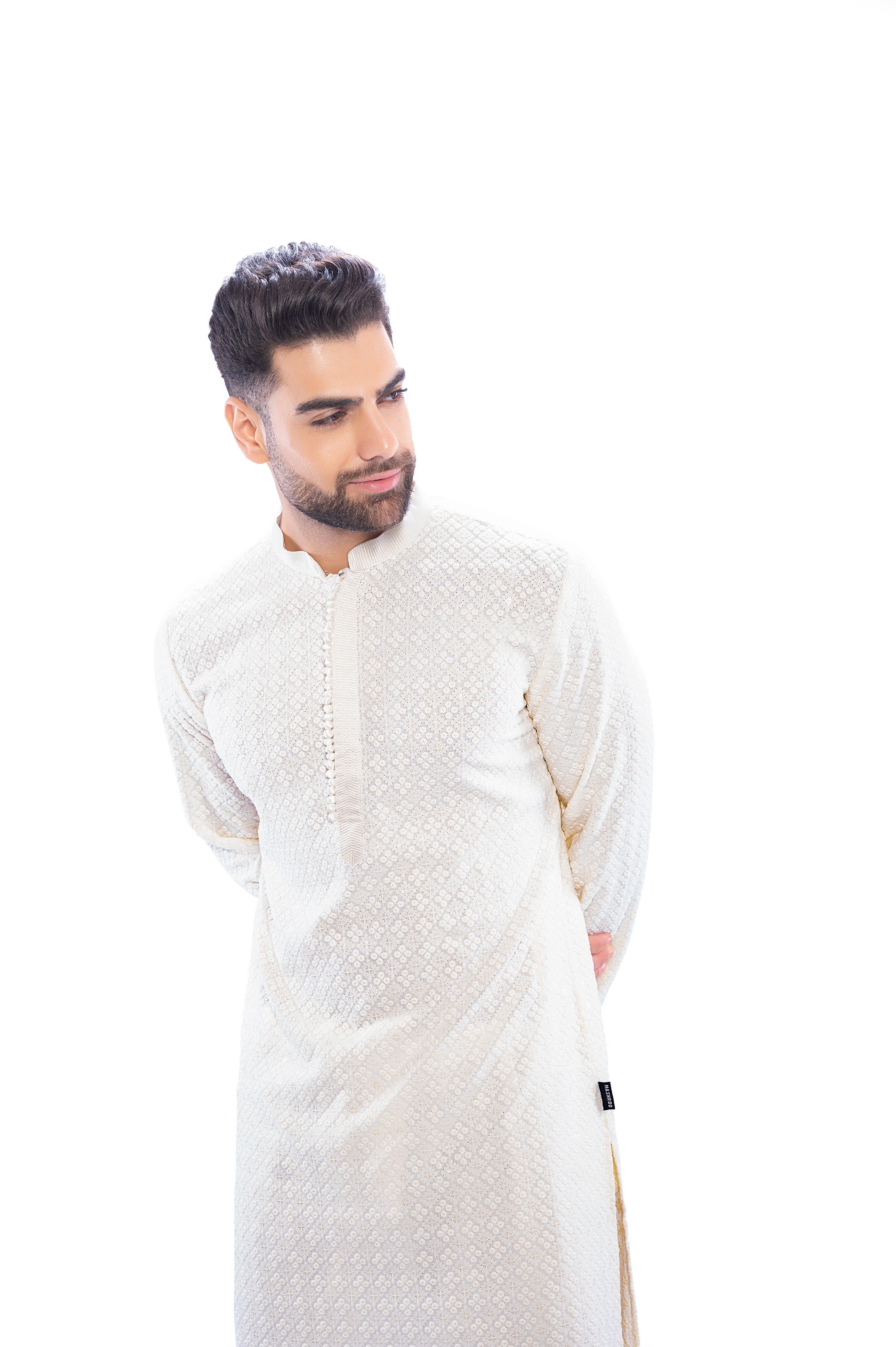 Haydos Chikan Kari Kurta Set White Men - Mashroo