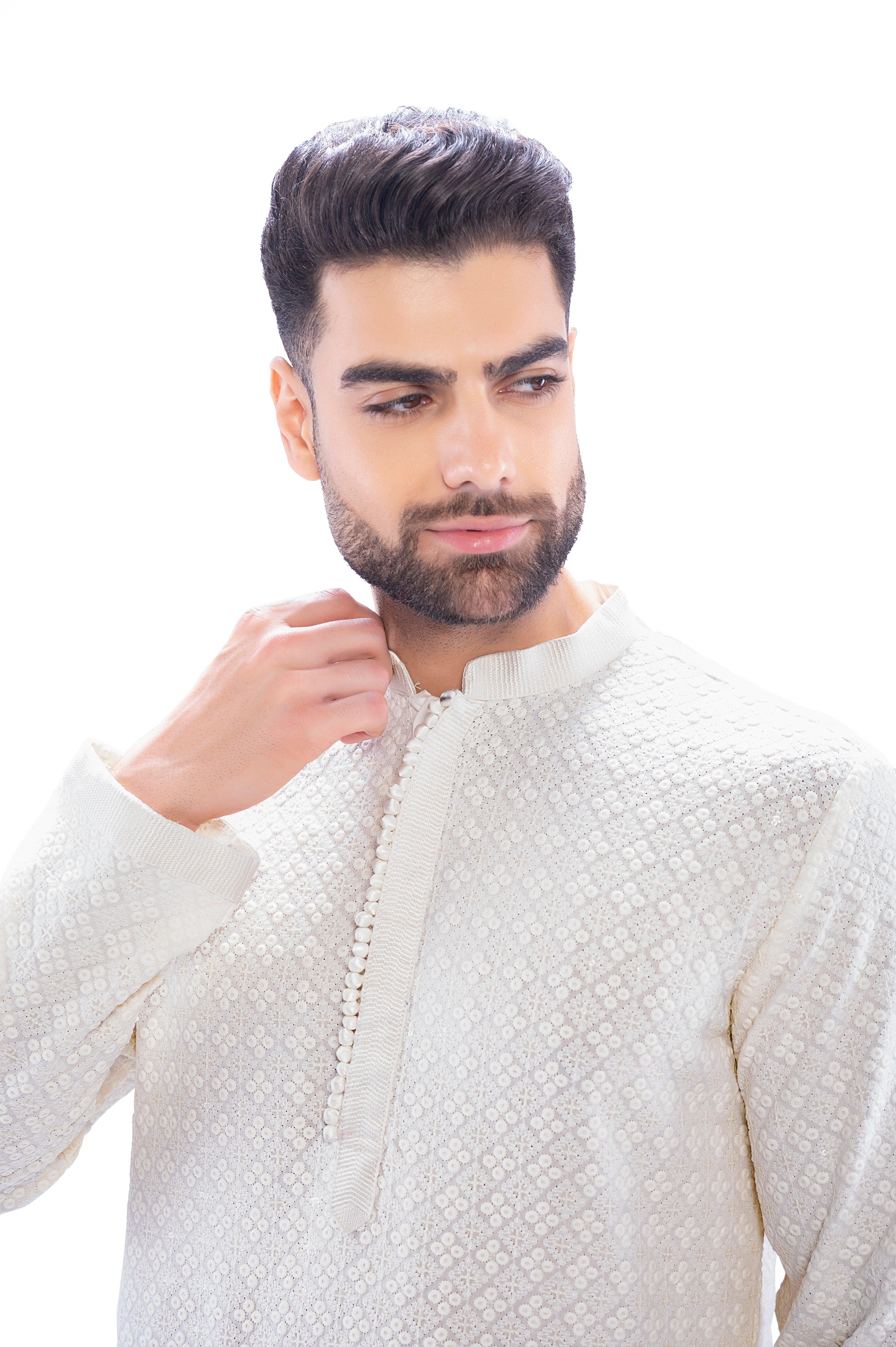 Haydos Chikan Kari Kurta Set White Men - Mashroo
