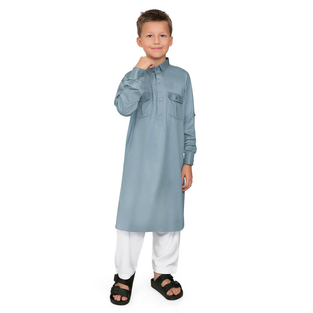 Oday Grey Pathani Suit for Kids - Mashroo